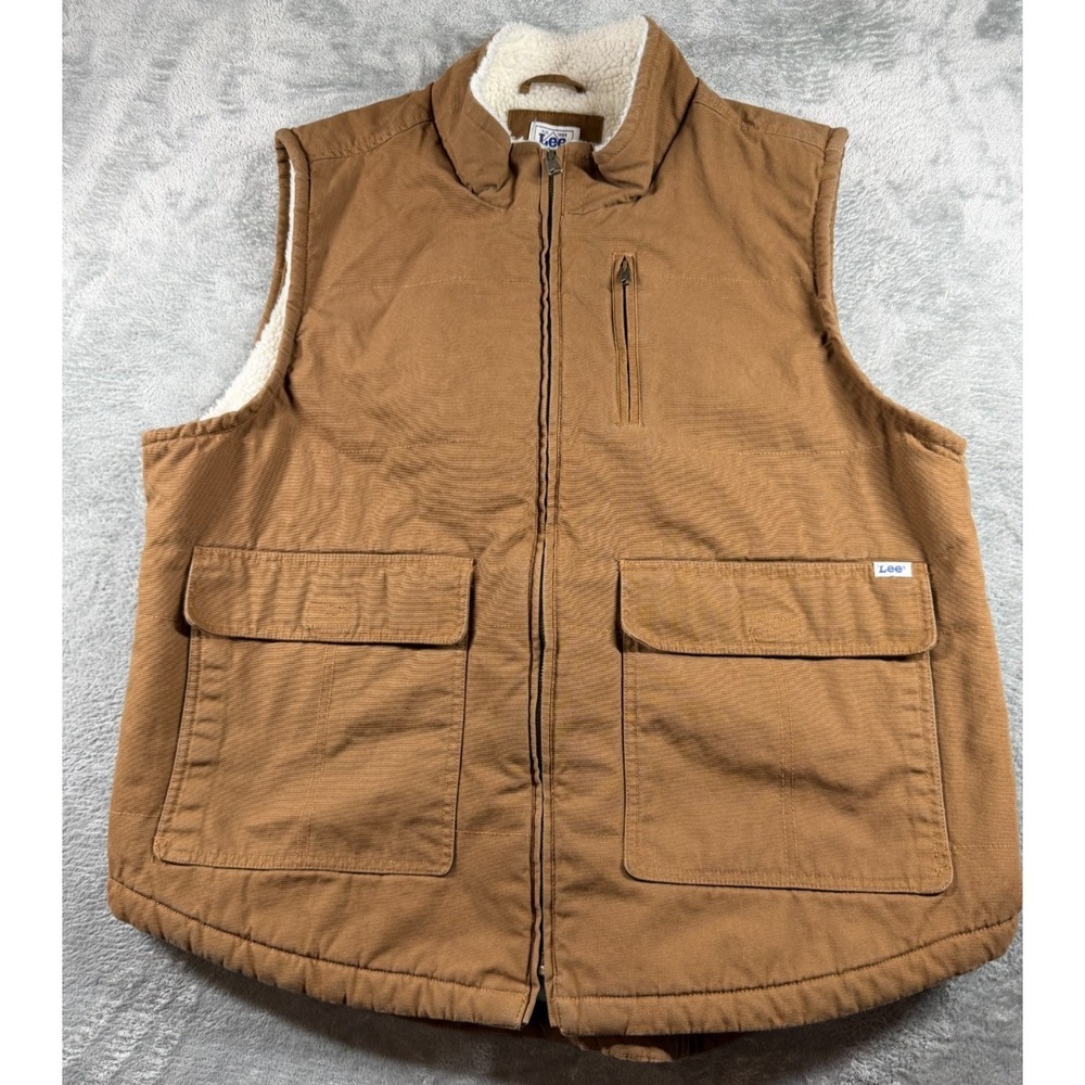 Lee Sherpa Lined Work Vest‎ XL Brown Canvas Full Zip Ranch Western